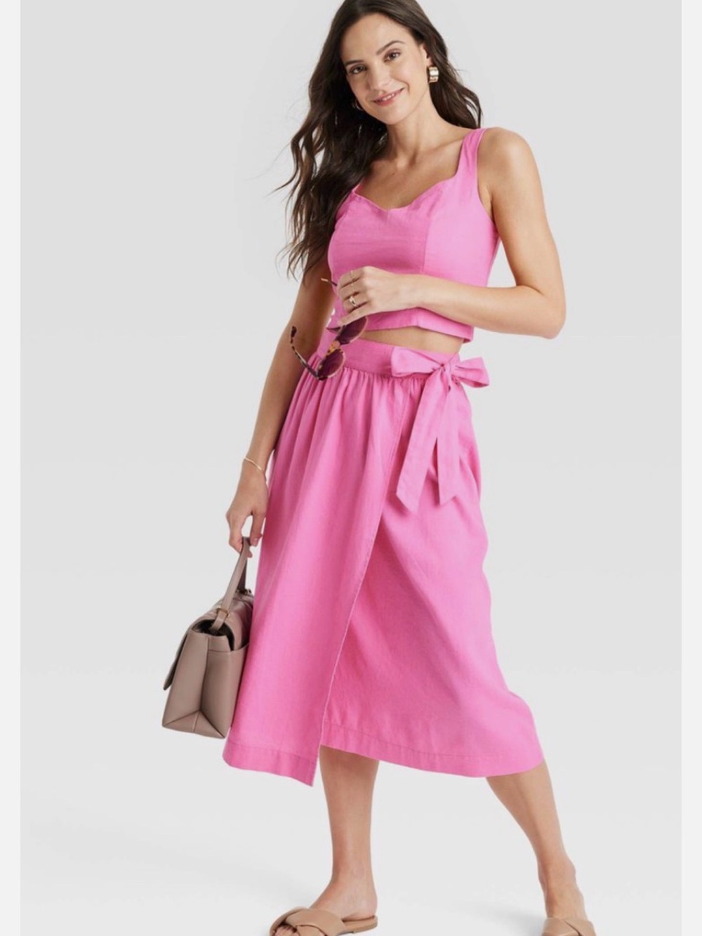 A New Day Pink Linen Blend Wrap Crossover Midi Skirt Side Tie Size Women’s Med